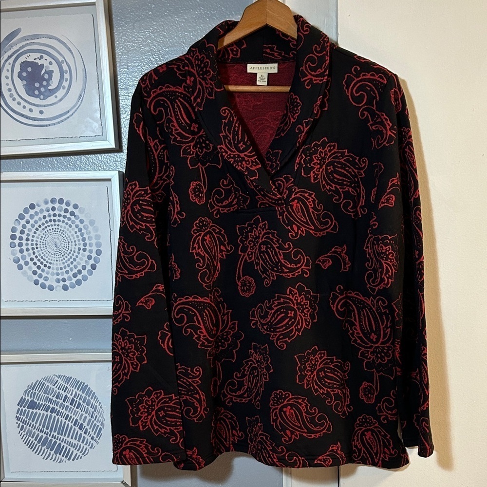 Appleseed's Jacquard Knit Black and Red Paisley Shaw Collar Pullover Top Size XL